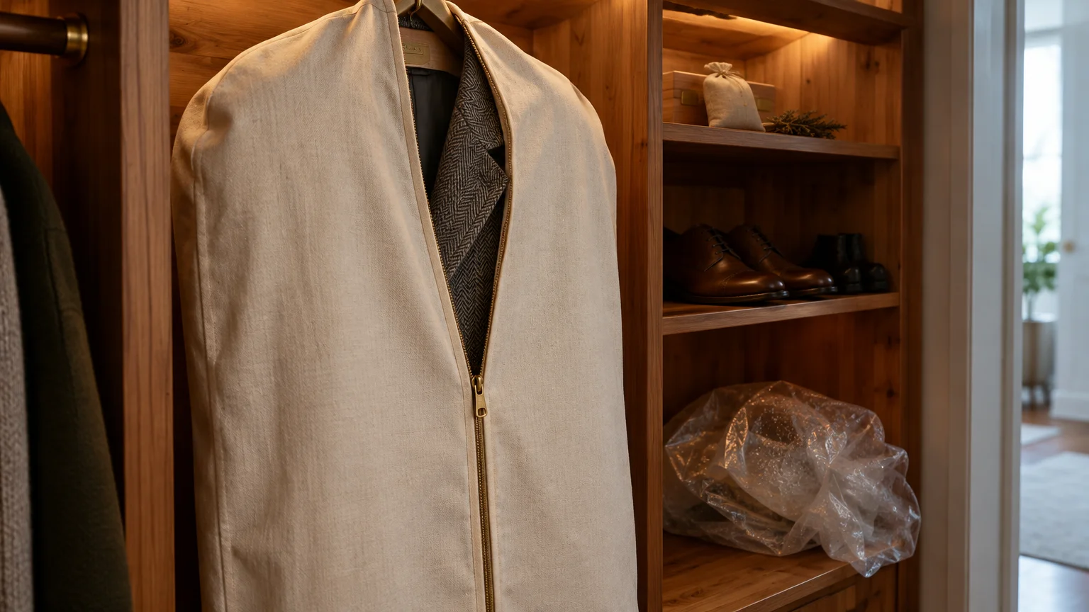 A coat inside a zipped fabric garment bag hangs in a wooden closet beside shelves holding shoes and plastic wrap.