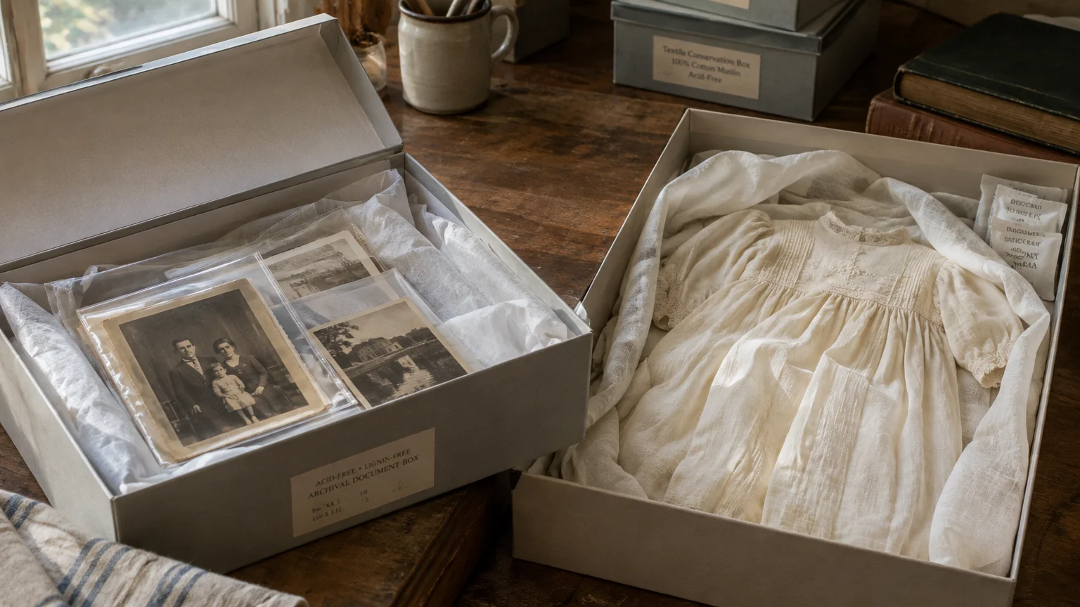 Open archival preservation boxes holding old family photographs and a vintage white christening gown wrapped in tissue.