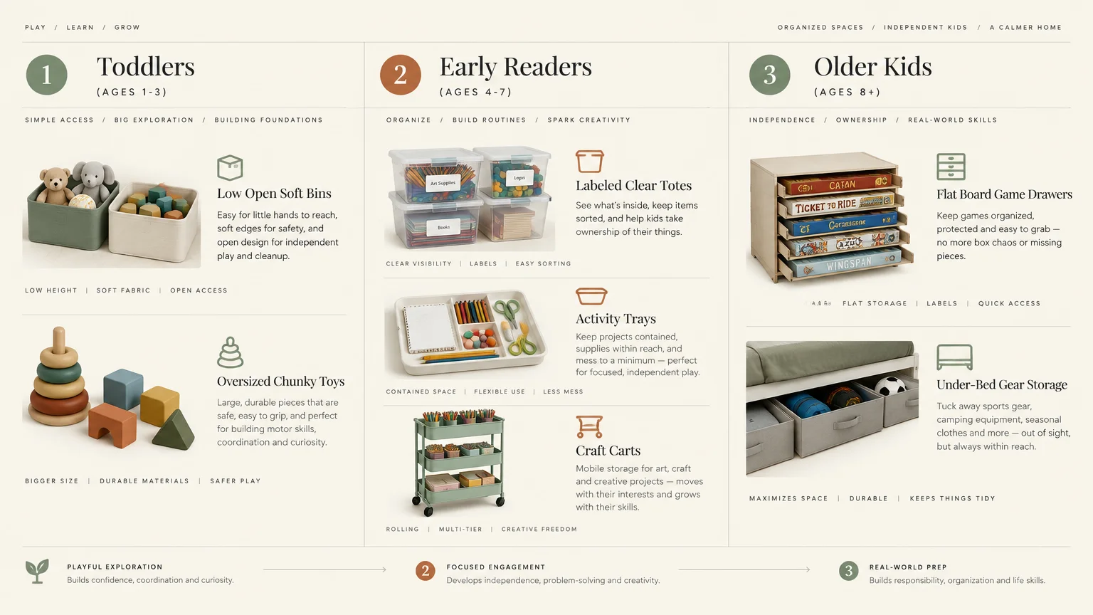 Diagram categorizing storage ideas across three childhood age brackets: toddlers, early readers, and older kids.