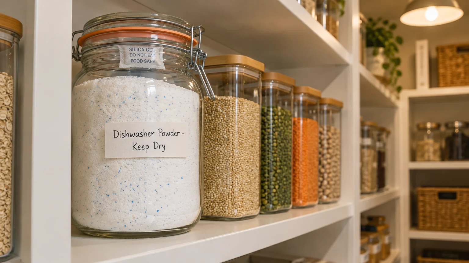 A glass jar labeled Dishwasher Powder - Keep Dry sits on a pantry shelf next to jars of grains and pulses.