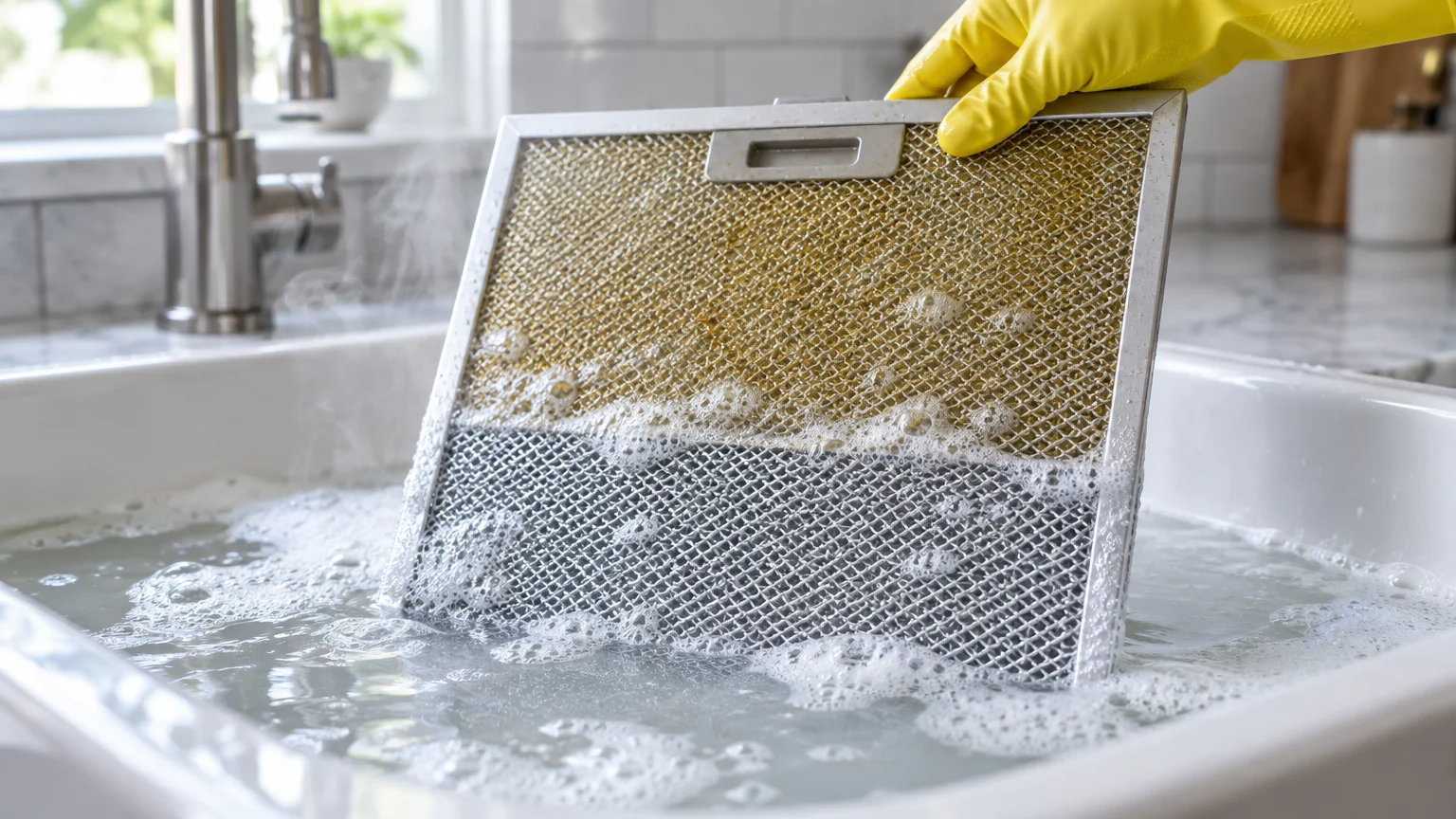 A gloved hand dipping a grease-stained metal range hood filter into a soapy, steaming sink basin.