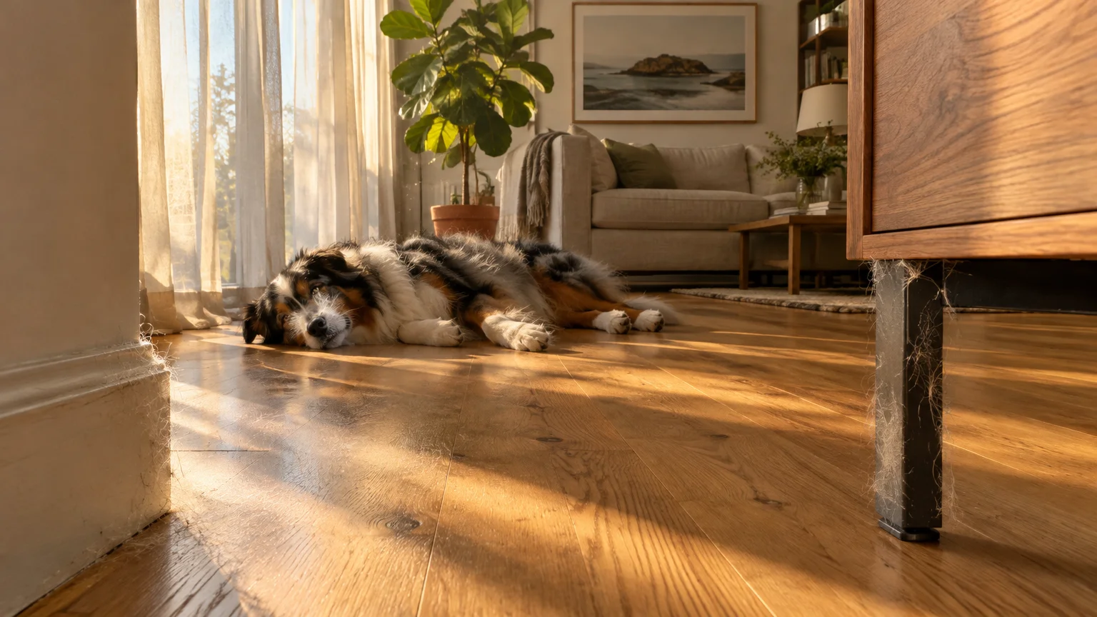 A dog lies on a wooden floor in a sunny living room, with pet hair clinging to a furniture leg and baseboard corner.