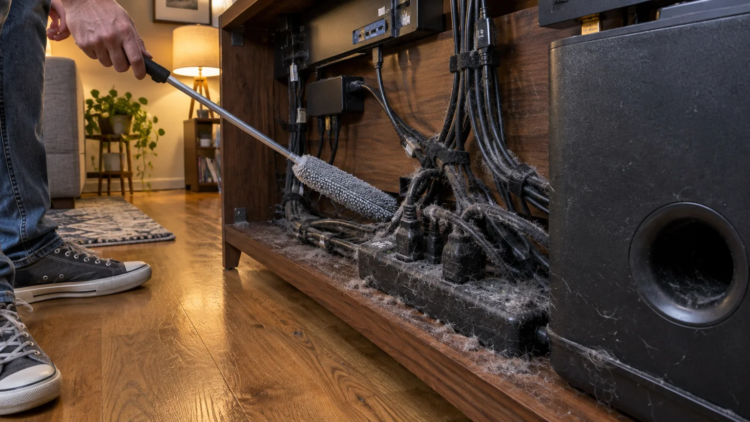 Person using an extendable duster to clean dusty, hair-covered cables and a power strip behind an entertainment console.