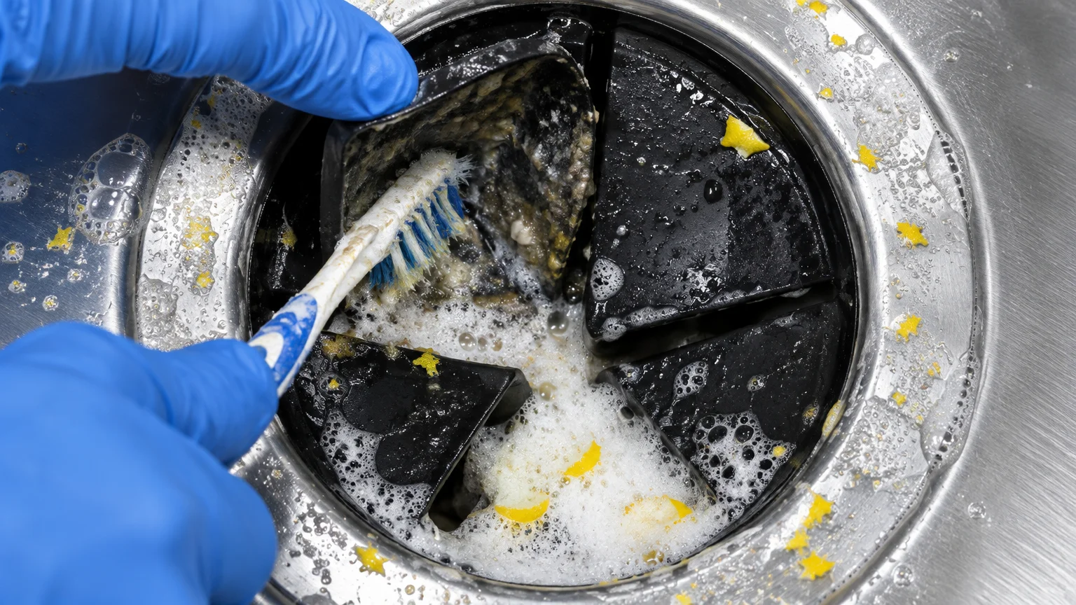 Blue-gloved hands scrubbing the underside of a black rubber garbage disposal splash guard flap with an old toothbrush.