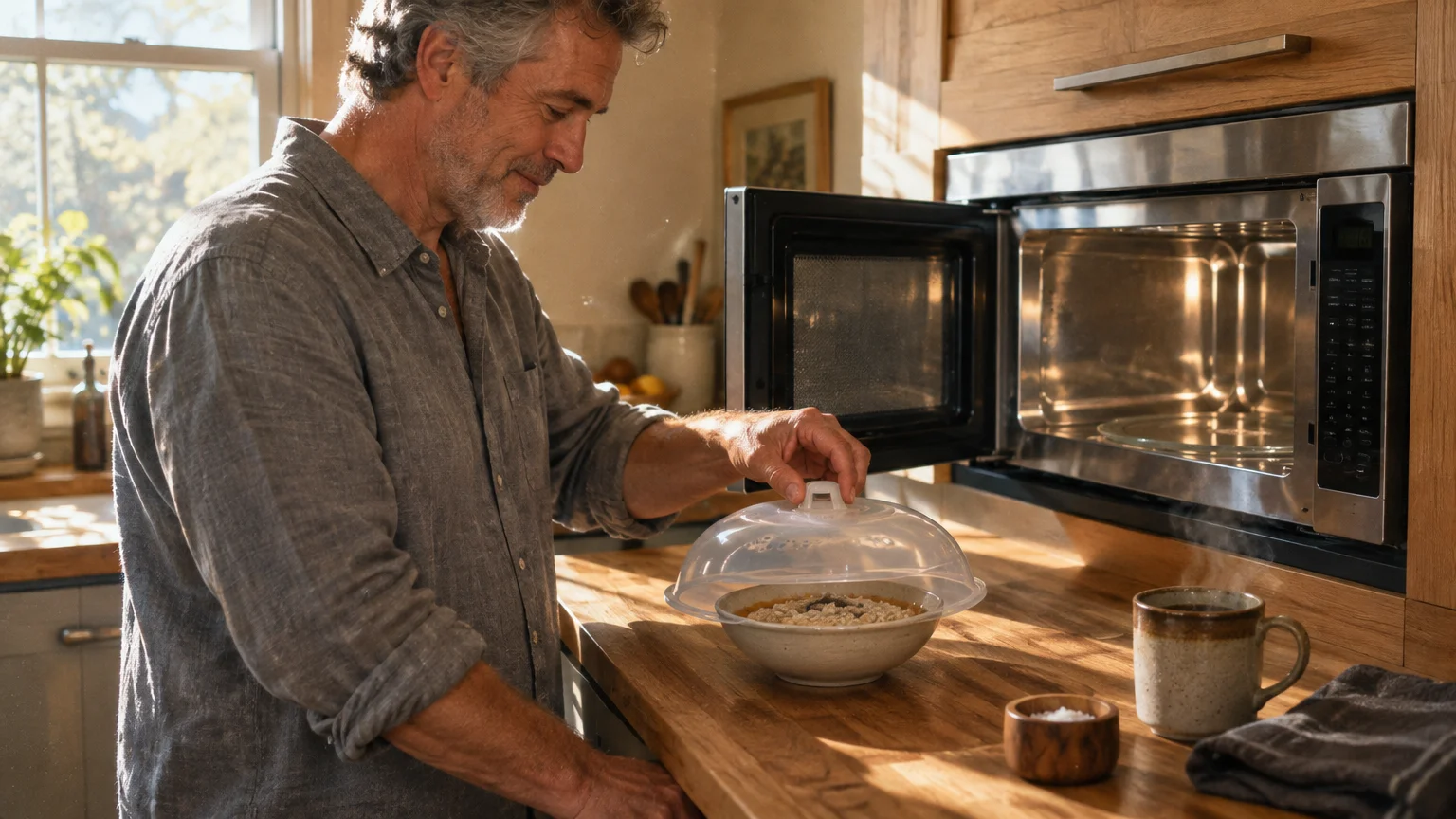 A man places a clear splatter cover over a bowl of oatmeal on a kitchen counter beside an open microwave.
