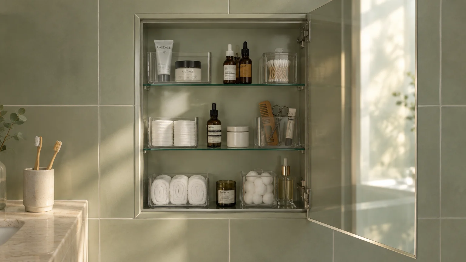 Open recessed bathroom medicine cabinet with glass shelves neatly organized with skincare bottles, cotton pads, and rolled towels.
