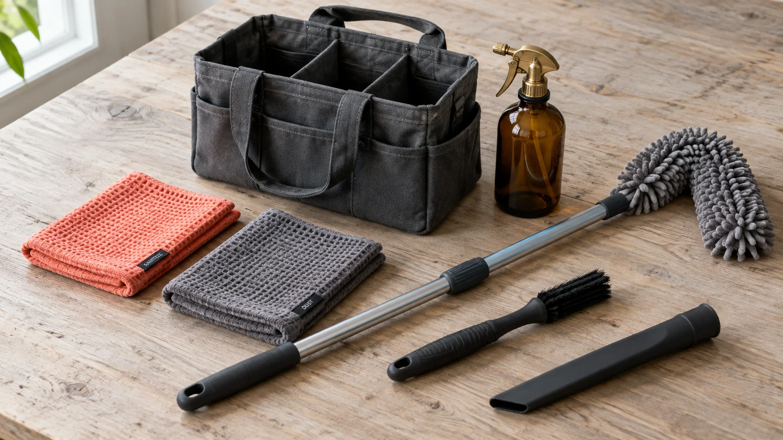 Cleaning tools on a wood table, including a caddy, spray bottle, microfiber cloths, brush, crevice tool, and duster pole.
