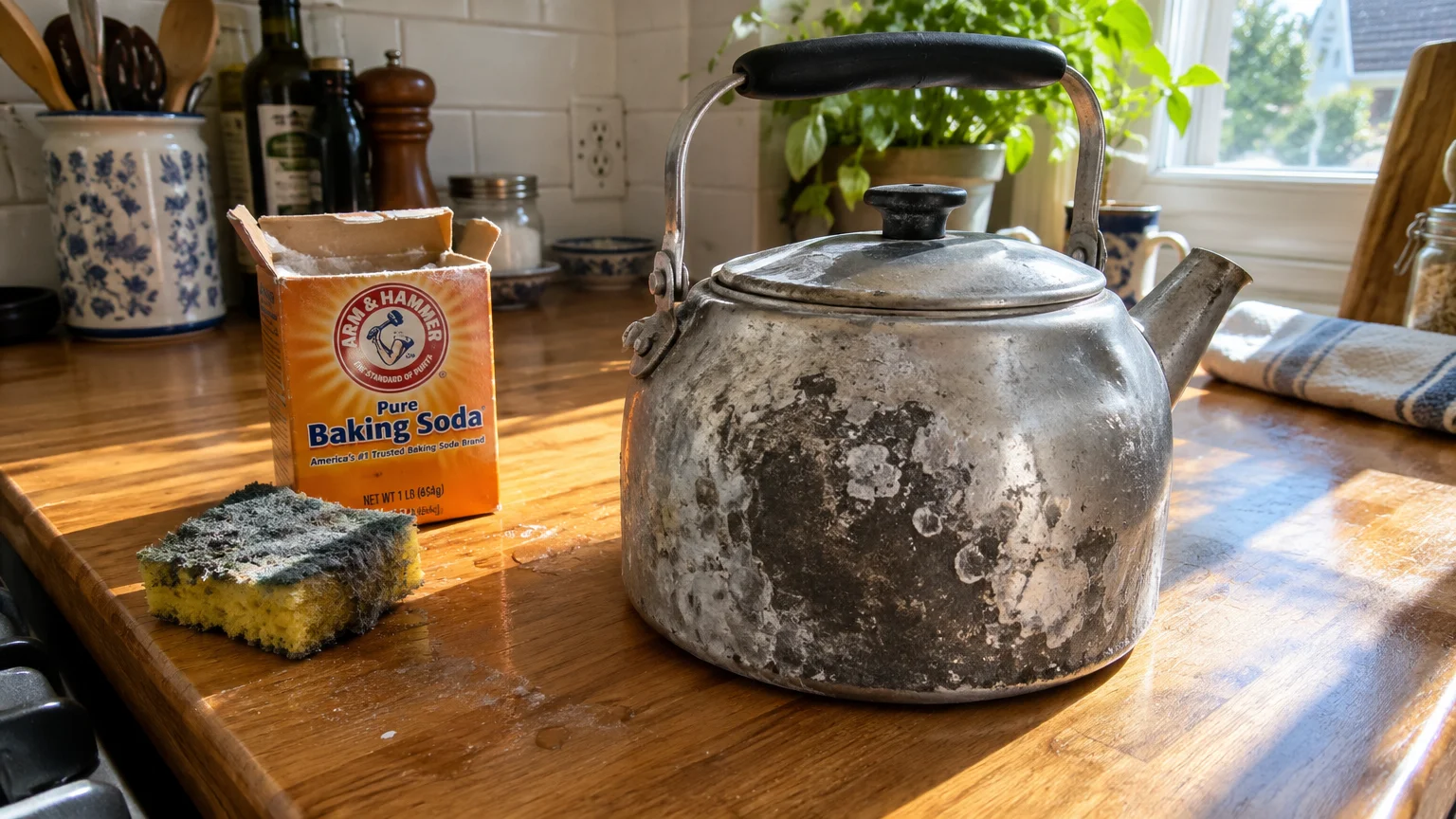 A stained vintage metal kettle stands beside an open box of baking soda and a scrub sponge on a wooden kitchen counter.