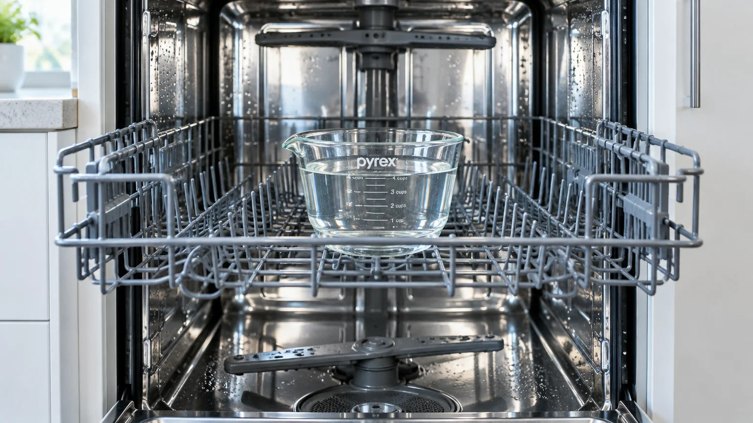 A glass measuring cup filled with clear liquid sits on the open top rack of a stainless steel dishwasher.
