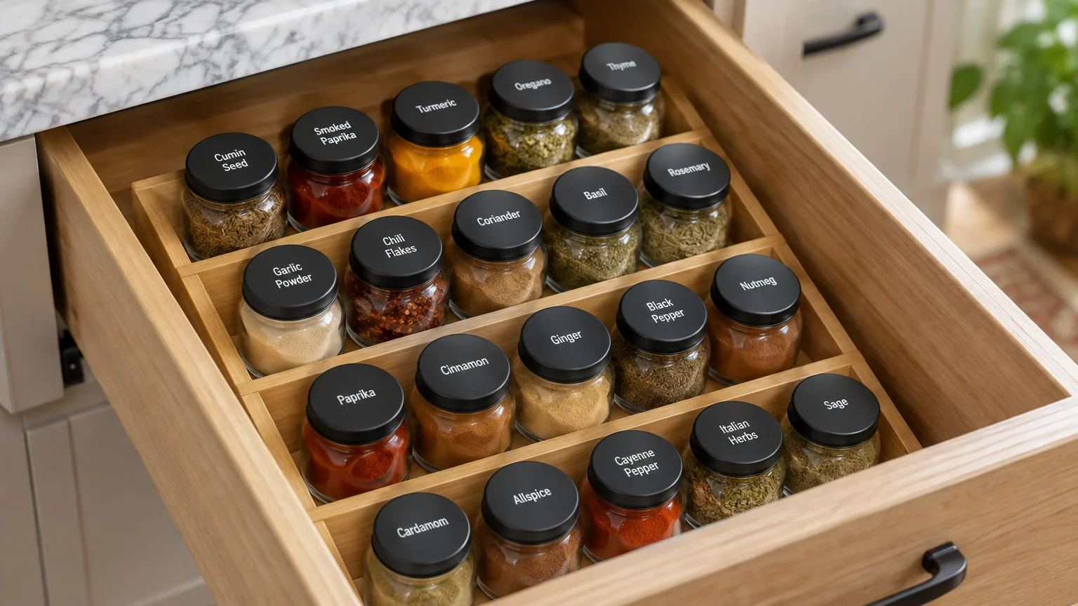 Open wooden kitchen drawer with a tiered organizer holding matching round glass spice jars with black labeled lids.