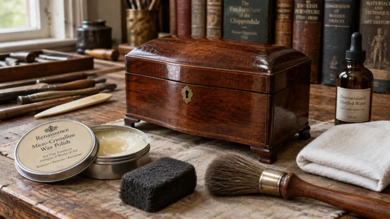 Antique wooden tea caddy beside micro-crystalline wax polish, distilled water, a brush, sponge, and soft cloth.