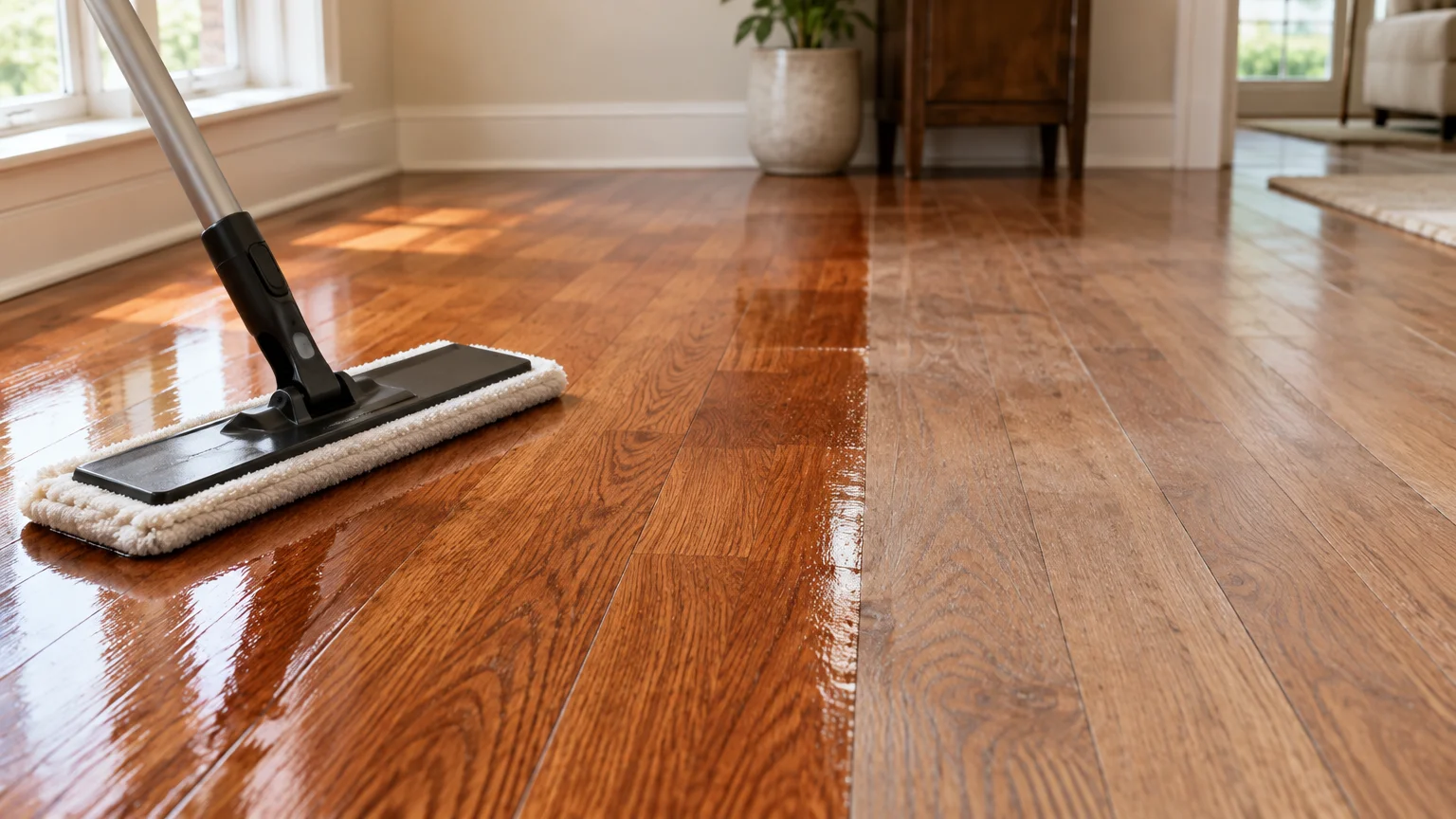 A mop cleaning hardwood flooring, showing a glossy wet side contrasted with a dull, uncleaned side.