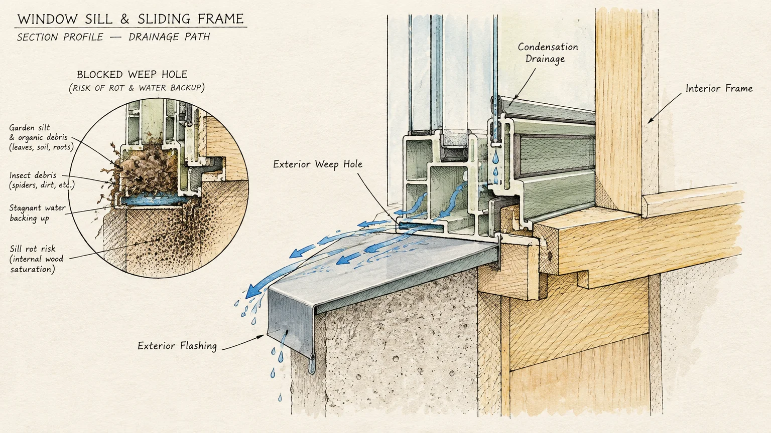 Diagram showing water drainage through a window frame weep hole alongside a callout of a clogged drainage path.