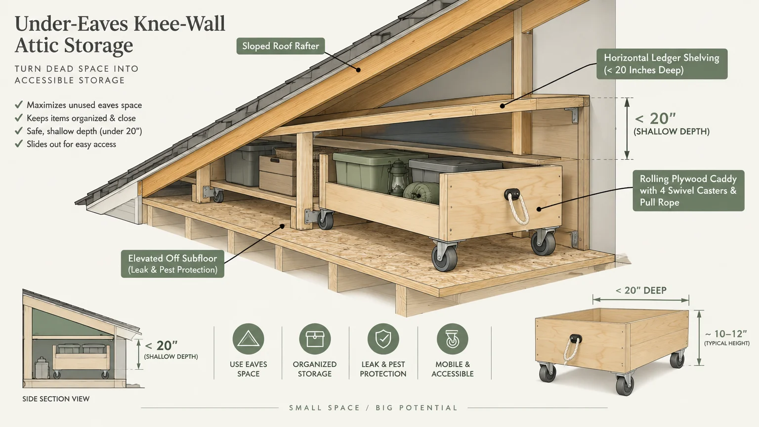 Diagram of under-eaves knee-wall attic storage showing horizontal shelving ledgers and rolling plywood caddies under roof rafters.