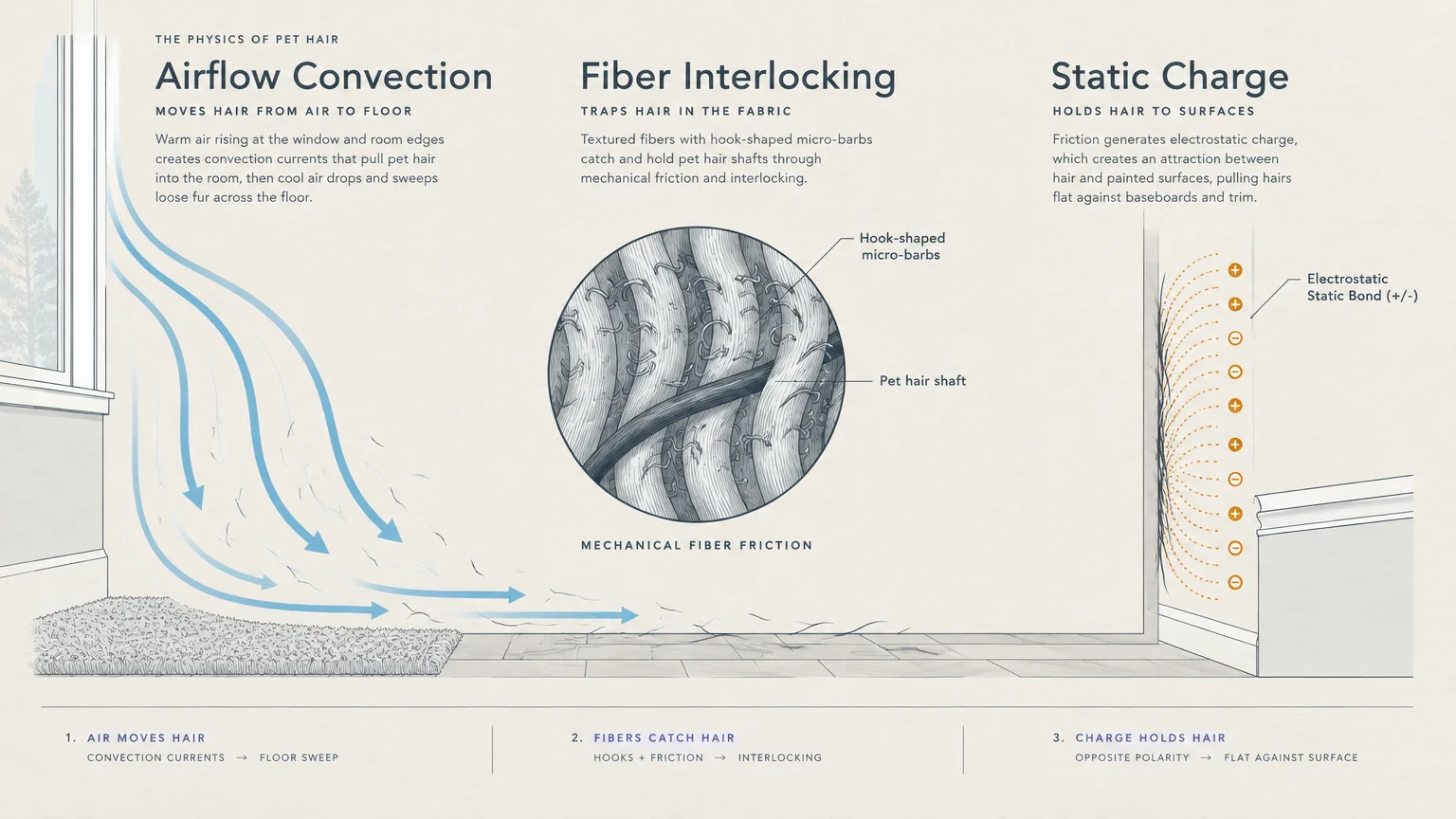 Diagram showing three mechanisms of pet hair clinging: airflow convection, fiber interlocking, and electrostatic charge.