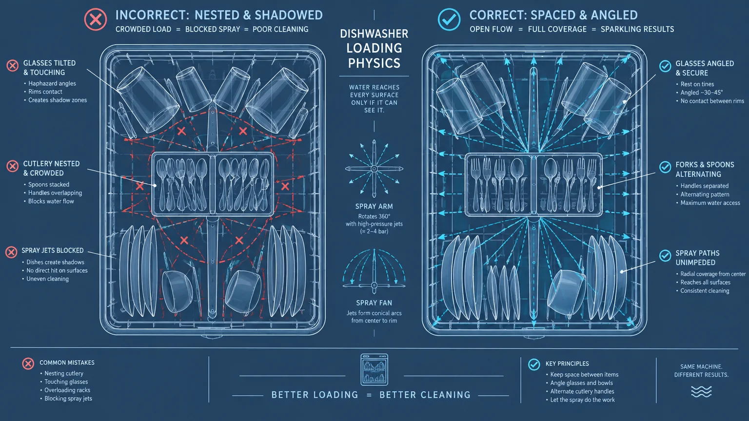 Blueprint diagram comparing incorrect crowded dishwasher loading versus correct spaced and angled rack placement.