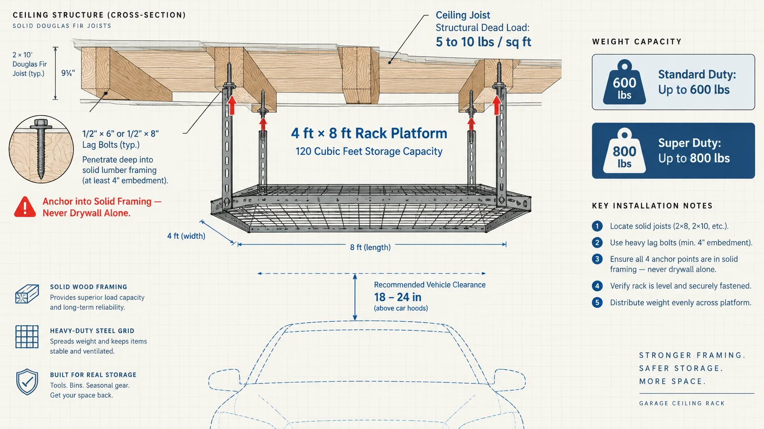 Diagram of an overhead garage storage rack mounted to ceiling joists above a car outline, detailing specs and dimensions.