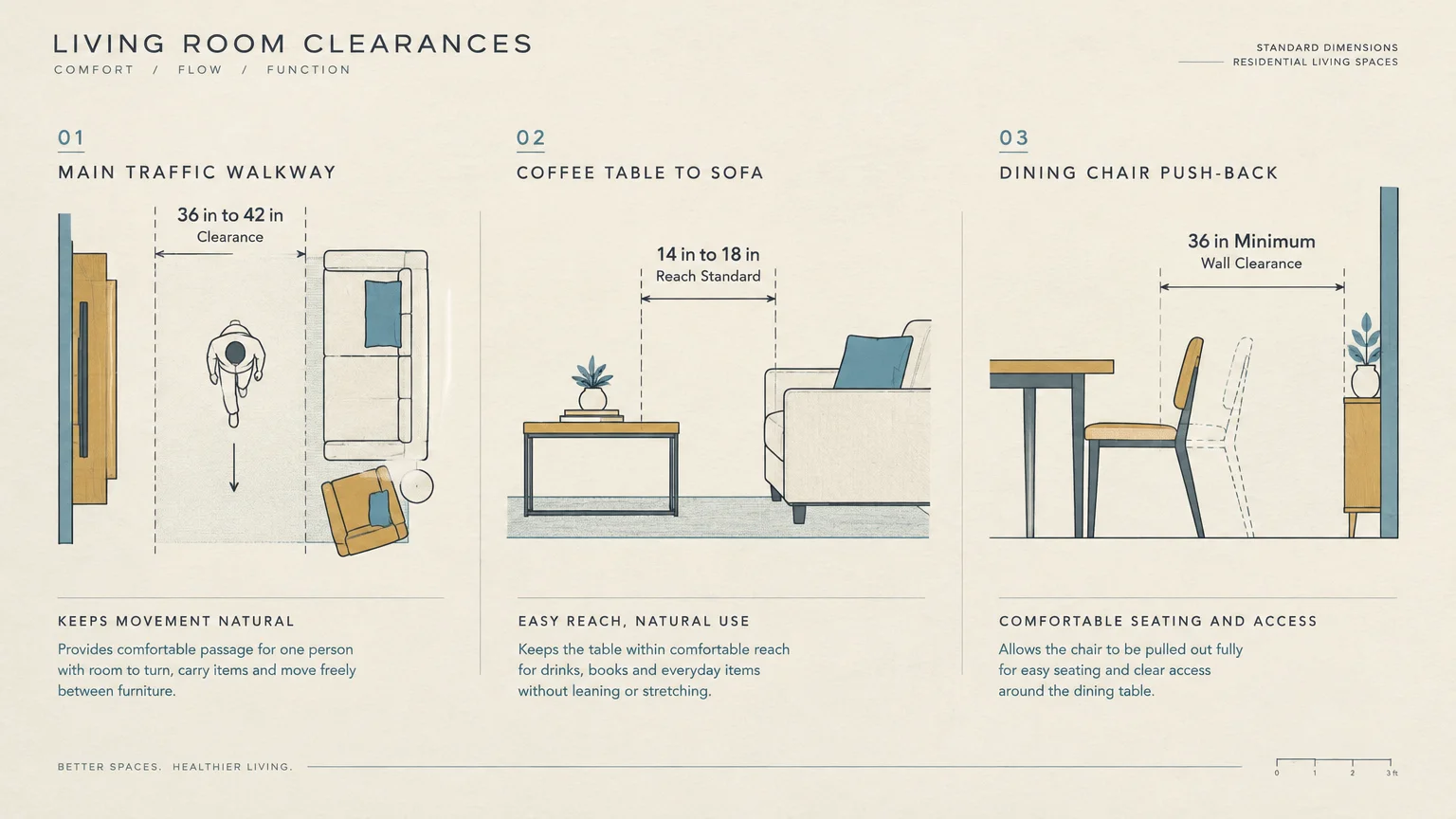 Diagram of living room clearances showing walkway width, coffee table distance to sofa, and dining chair push-back space.