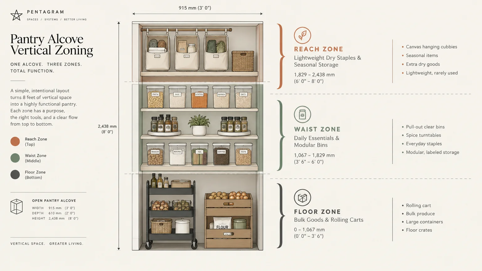 Diagram illustrating vertical pantry zoning divided into reach, waist, and floor zones with dimensions and storage types.