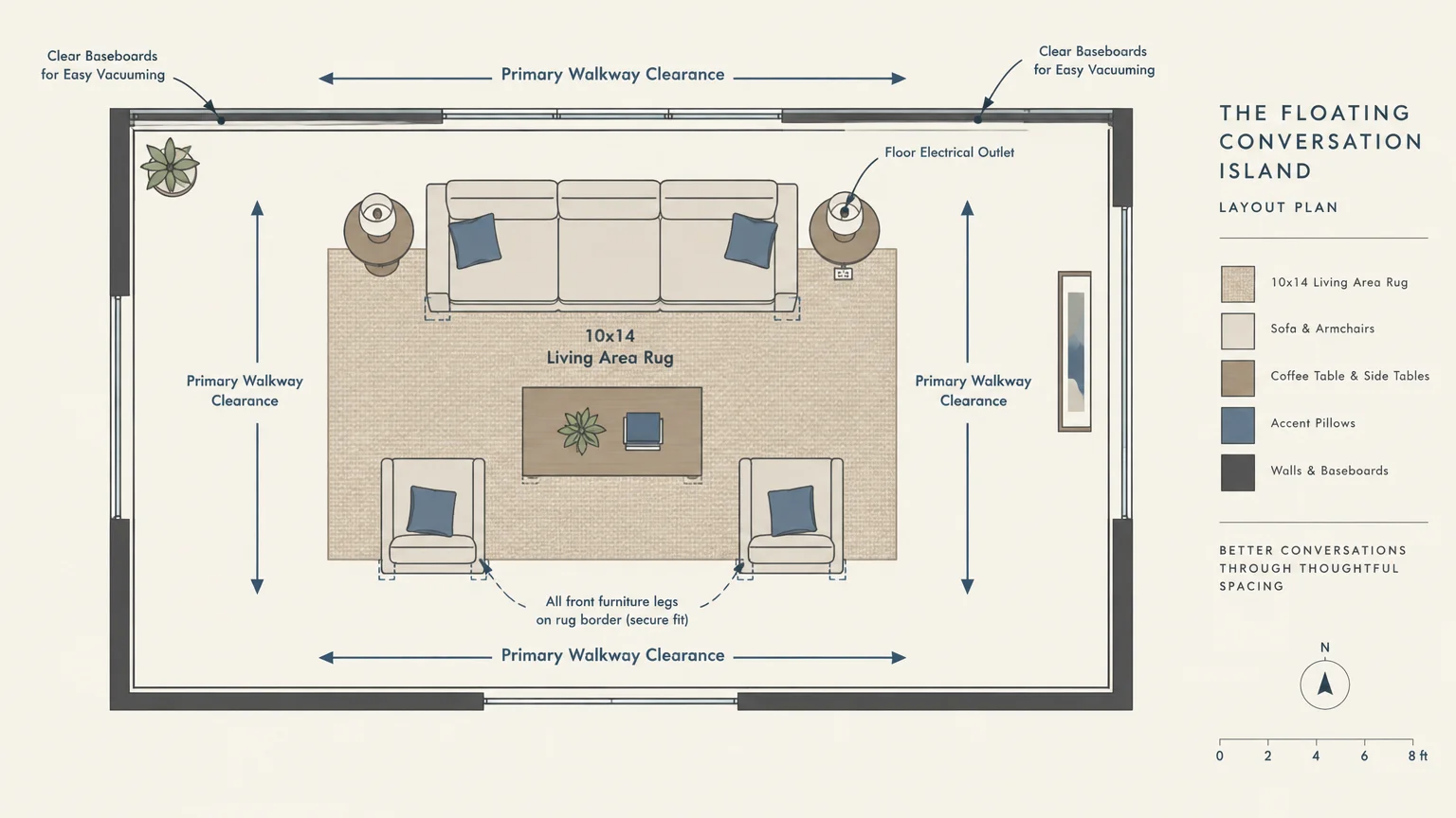 Floor plan layout of a sofa, two armchairs, and coffee table centered on an area rug with perimeter walkway clearance.