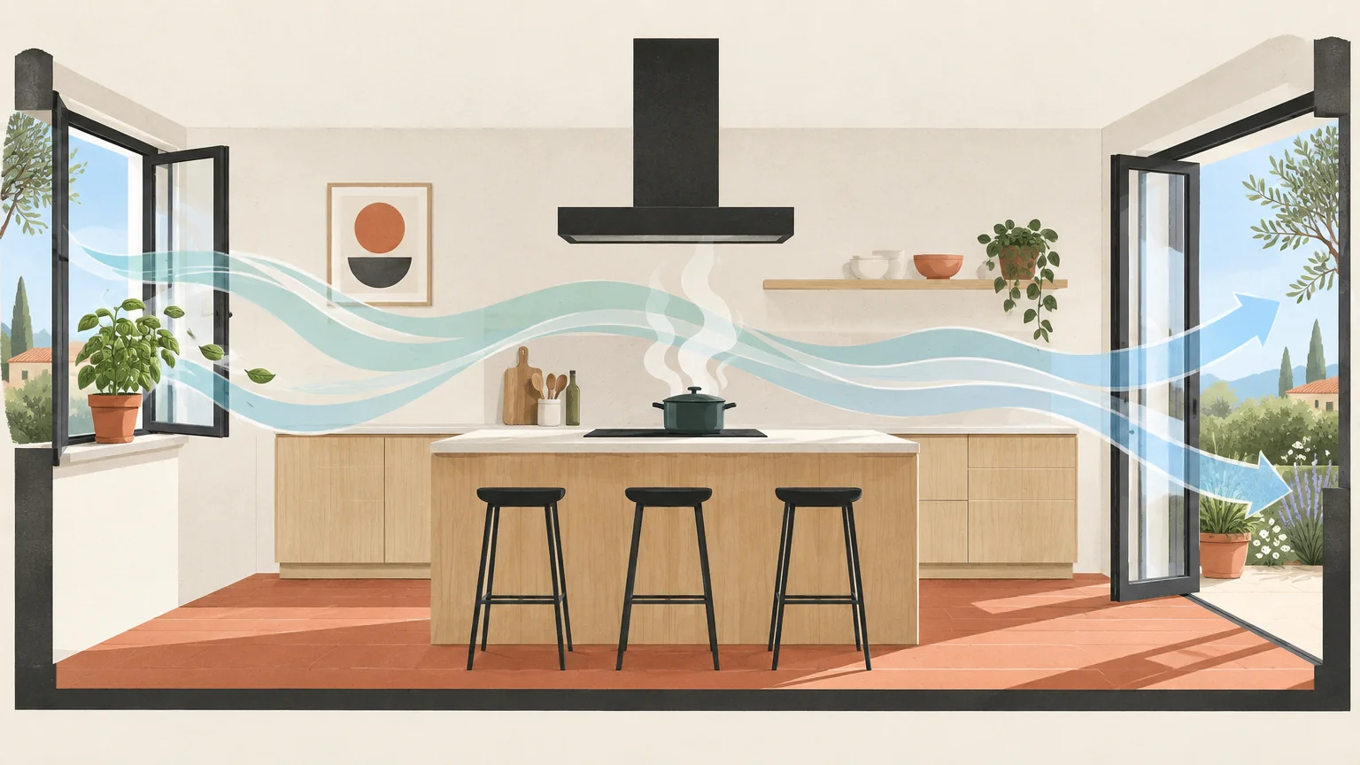 Illustration of cross-ventilation airflow streams sweeping across a modern kitchen from an open window through open patio doors.