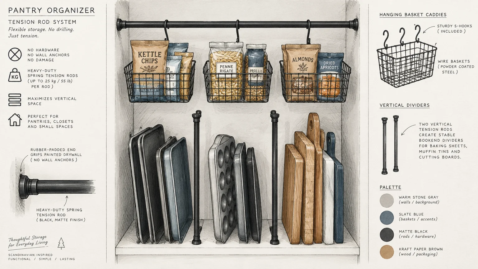 Pantry diagram with hanging wire baskets of snacks above and vertical tension rods organizing cutting boards below.