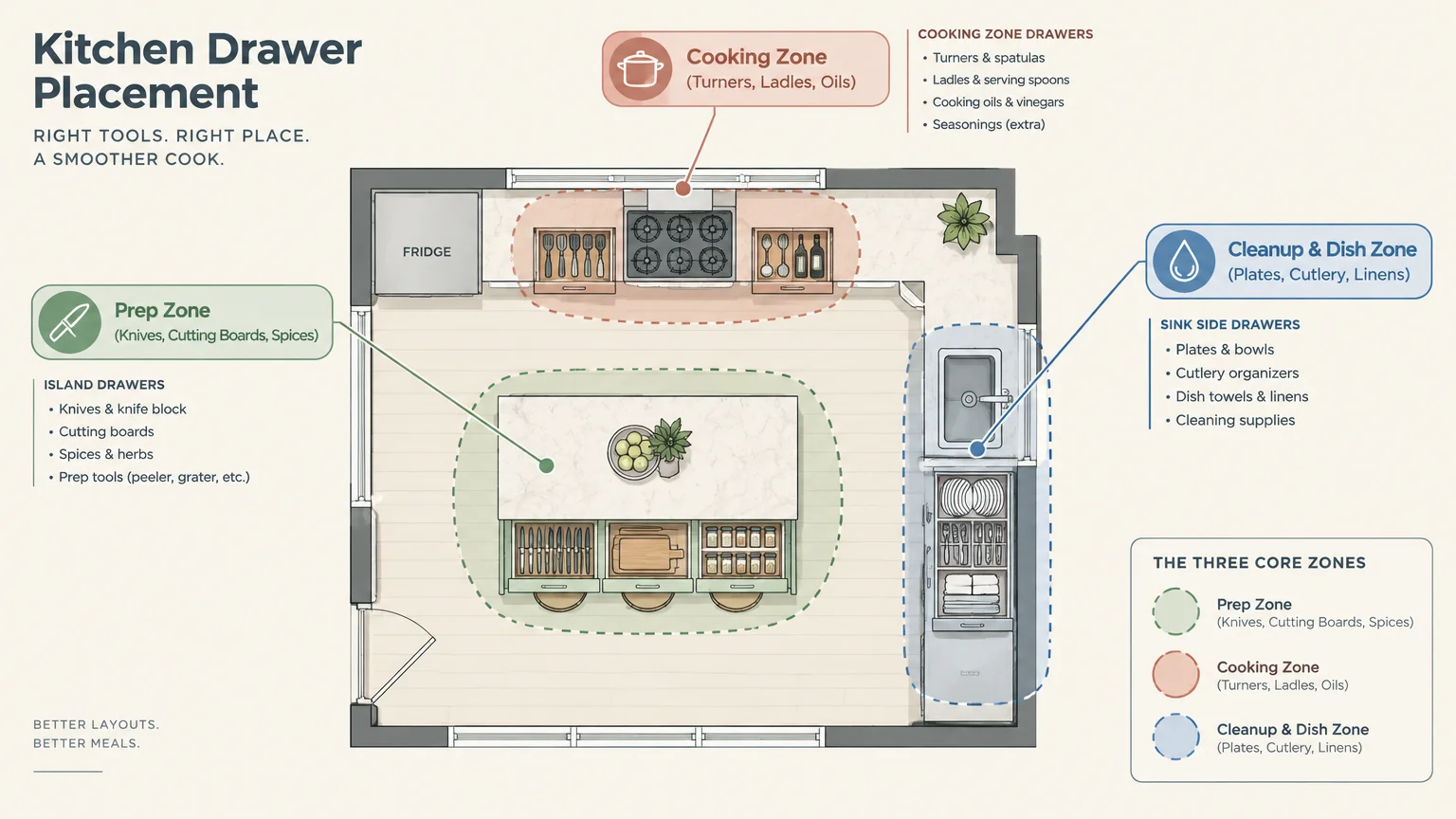 Floor plan diagram mapping kitchen drawer placement to prep, cooking, and cleanup zones with itemized drawer contents.