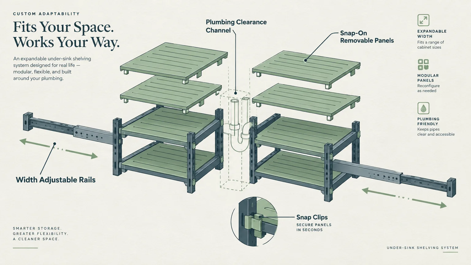 Diagram of modular under-sink shelving with expandable rails and removable snap-on panels flanking a plumbing pipe channel.
