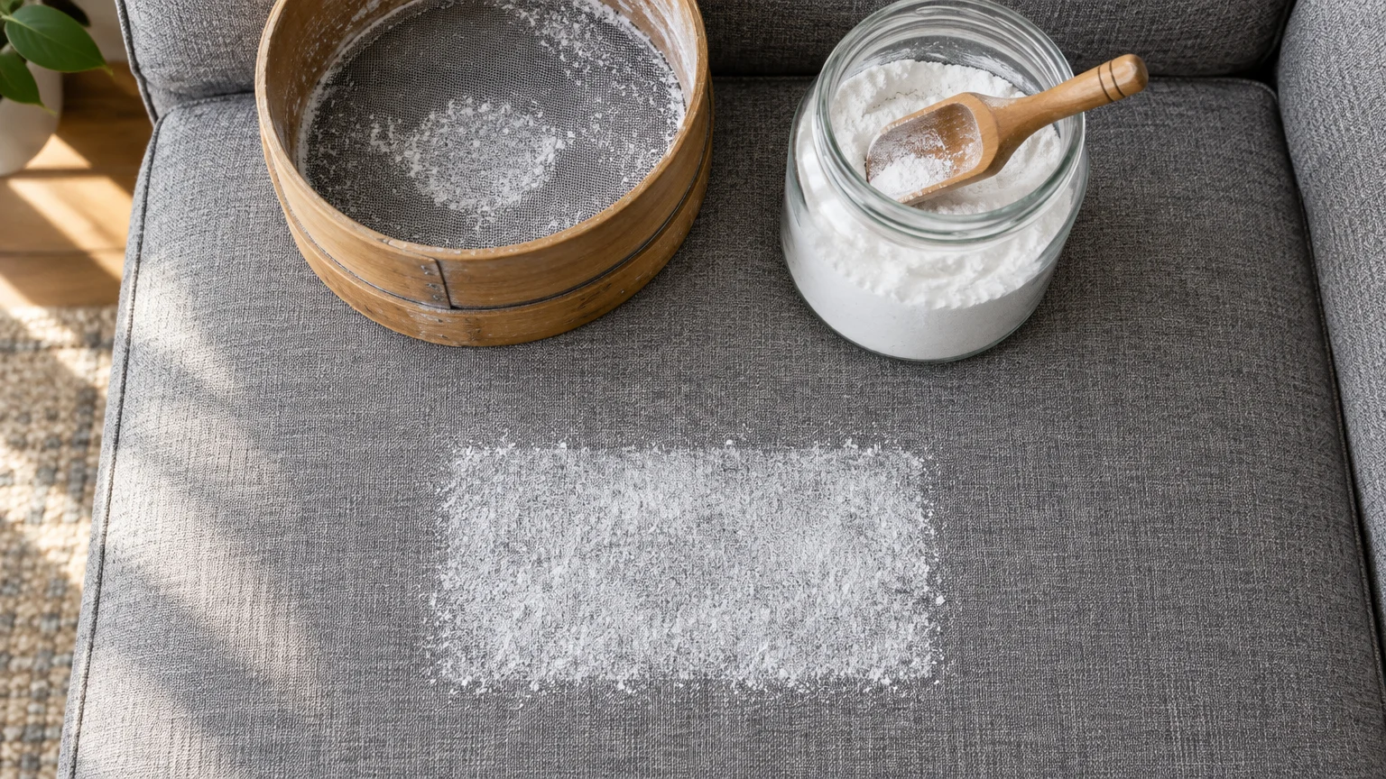 White powder sifted onto a grey couch cushion next to a round wooden sieve and a glass jar of powder with a wooden scoop.