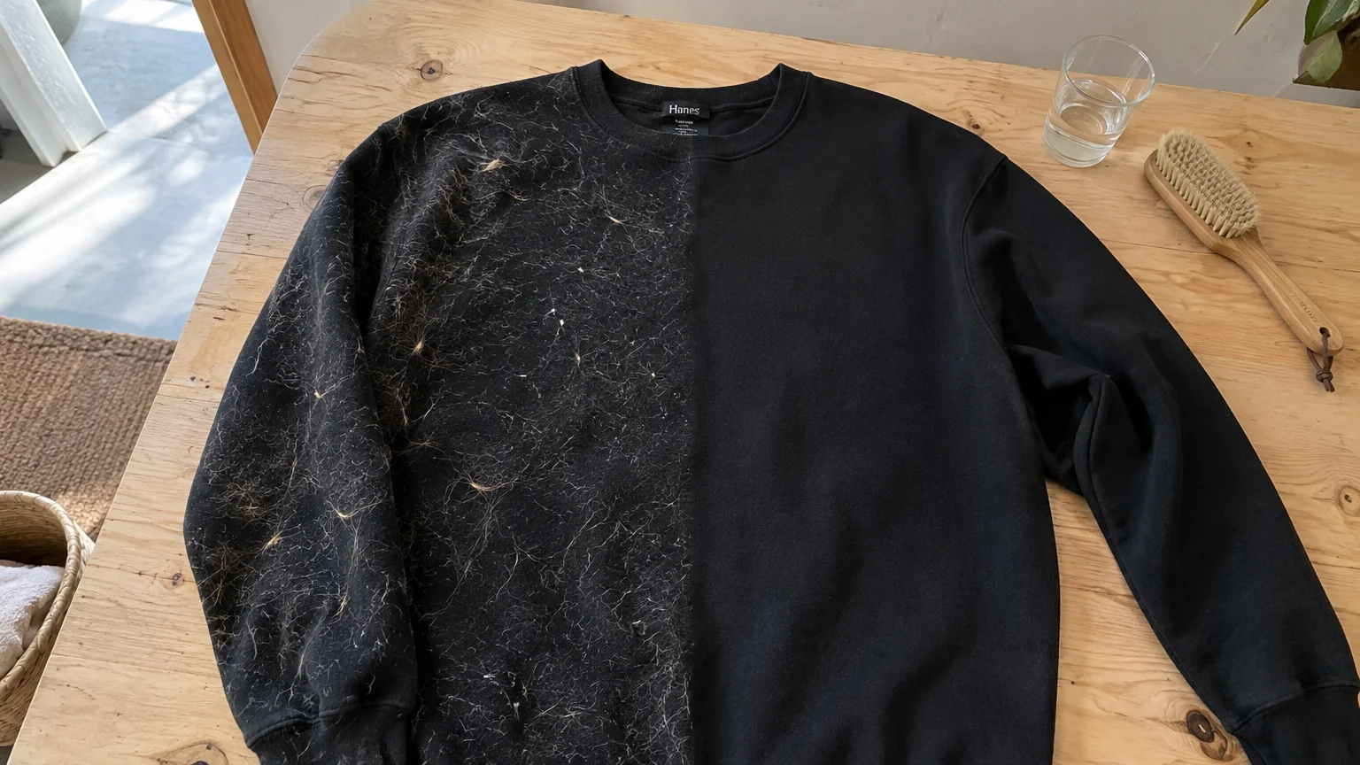 A black sweatshirt split down the middle, covered in pet hair on the left side and completely clean on the right.