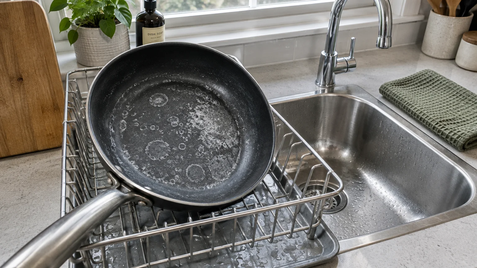 Non-stick frying pan with dried mineral water spots resting on a metal dish rack beside a kitchen sink.
