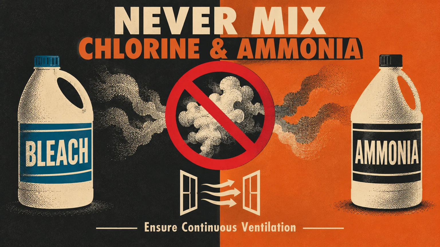 Graphic warning never mix bleach and ammonia, featuring jugs, toxic smoke crossed out, and a ventilation icon.