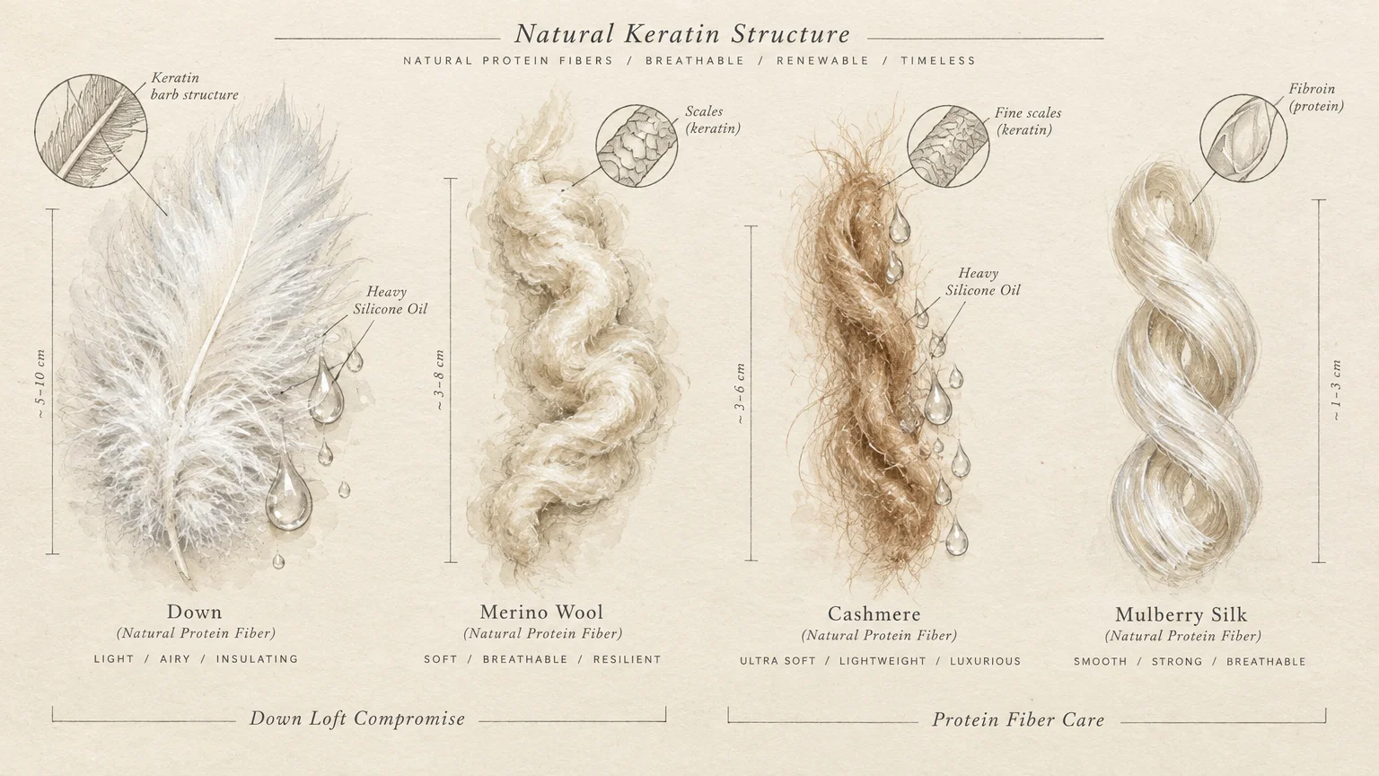 Botanical-style diagrams showing down, merino wool, cashmere, and mulberry silk fibers alongside microscopic views of their scales.