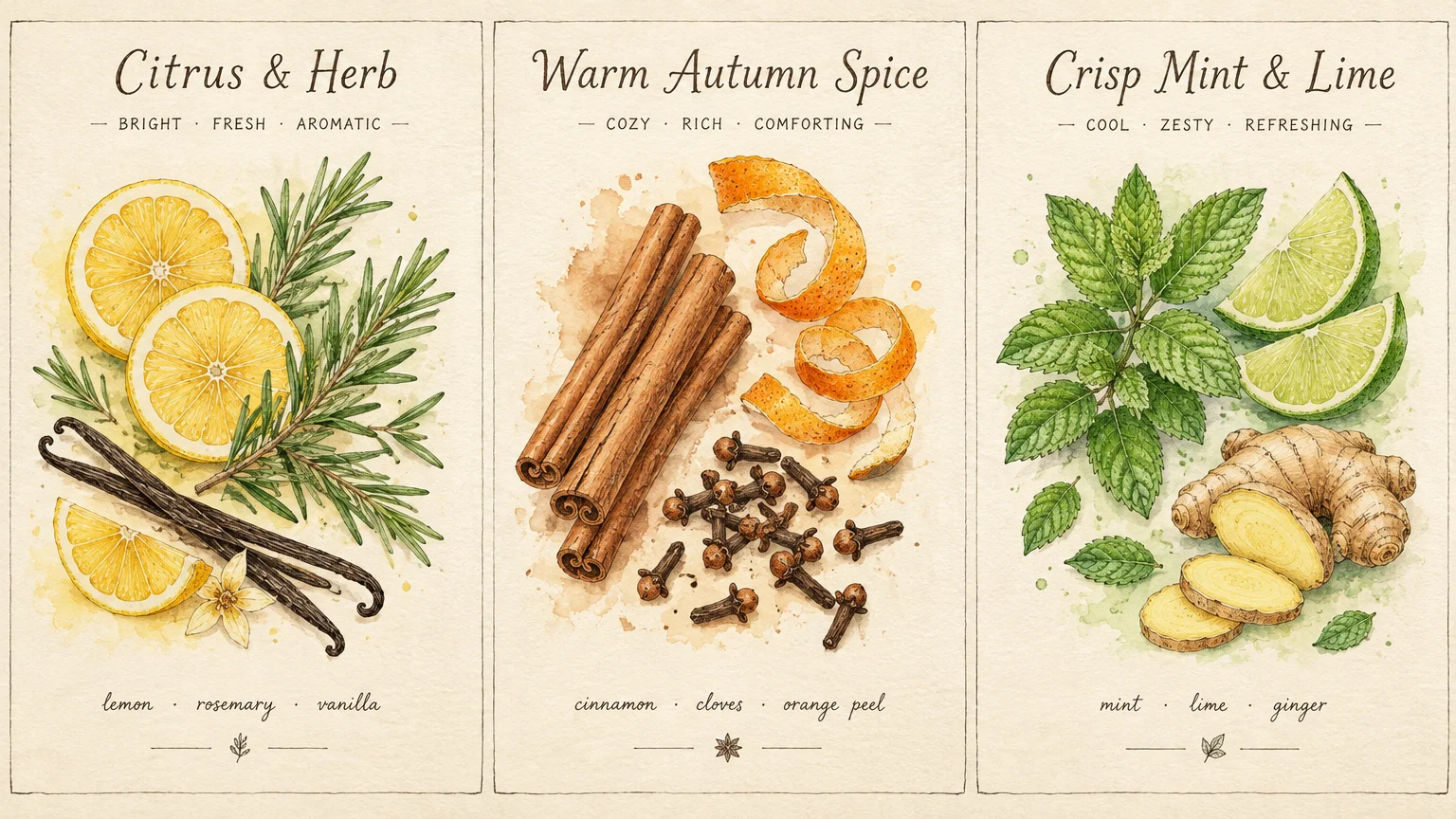 Three botanical watercolor illustrations of simmer pot ingredients including lemon, rosemary, cinnamon, cloves, mint, and ginger.