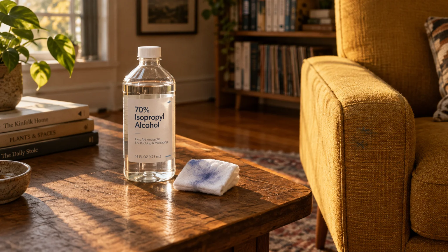 Clear bottle of isopropyl rubbing alcohol on a wooden table beside a stained cloth and a yellow upholstered armchair.