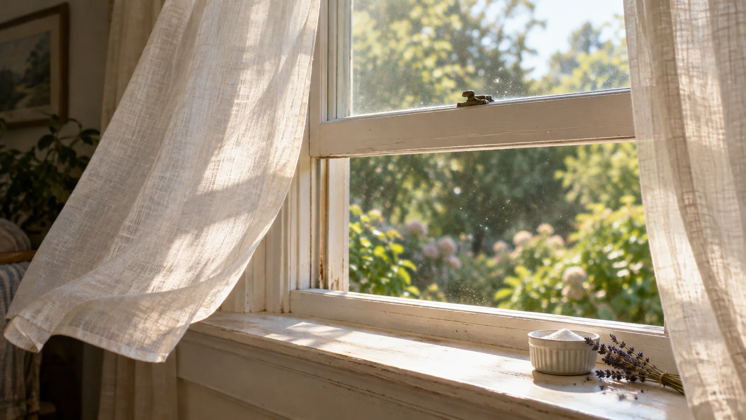 Open window with sheer white curtains blowing in the breeze, with a small bowl and dried lavender on the wooden sill.