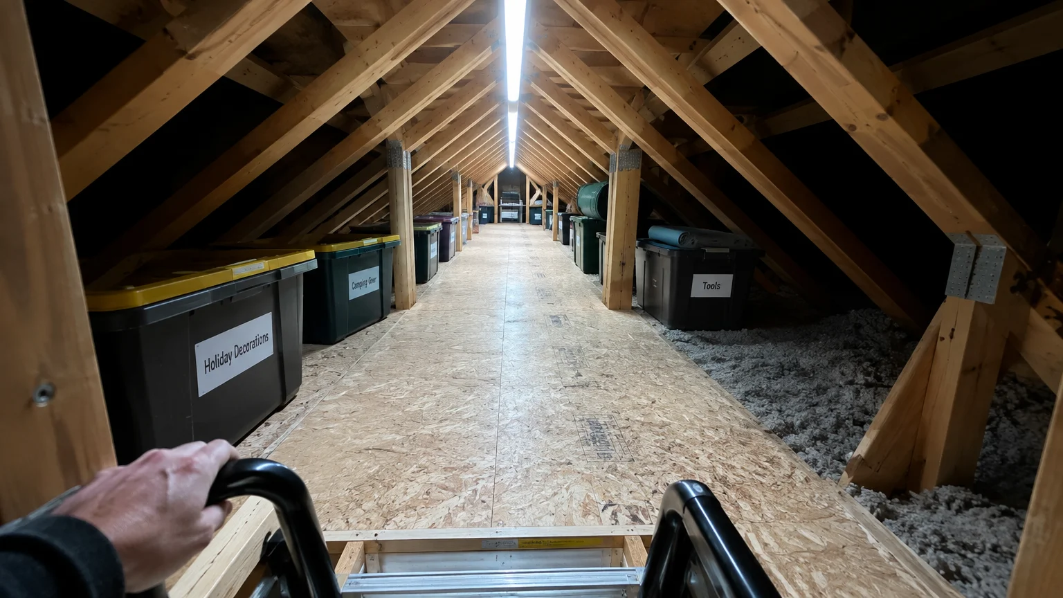 View from an attic ladder looking down a boarded walkway lit by overhead lighting, flanked by labeled storage bins.