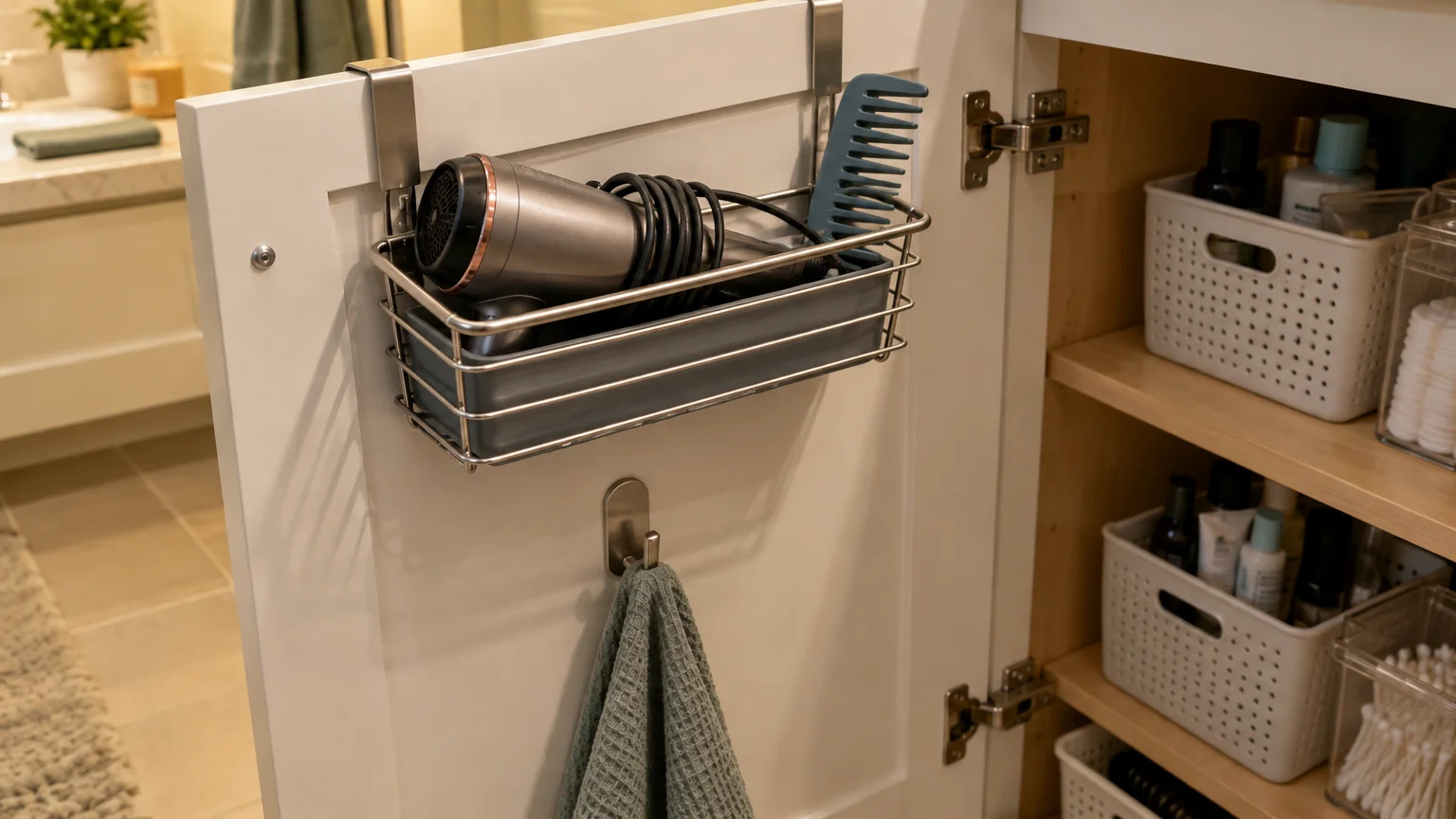 Metal over-the-door caddy holding a hair dryer and comb on an open cabinet door above a towel hook.
