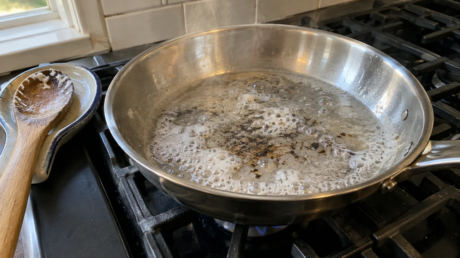 Stainless steel skillet with simmering, foamy water on a gas stovetop over a blue flame next to a wooden spoon.