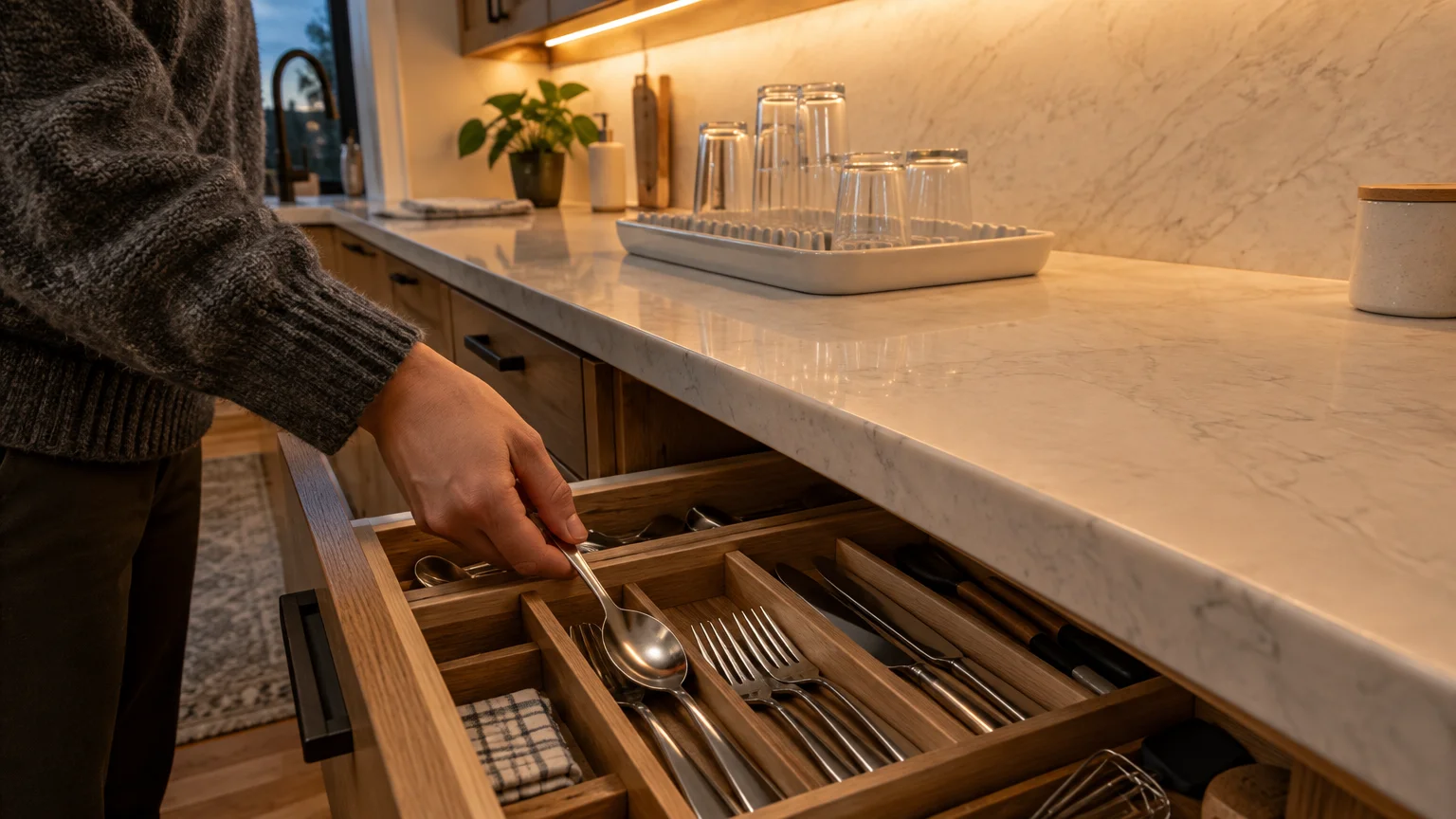 A person's hand placing a spoon into an organized wooden cutlery drawer beneath a marble kitchen countertop.