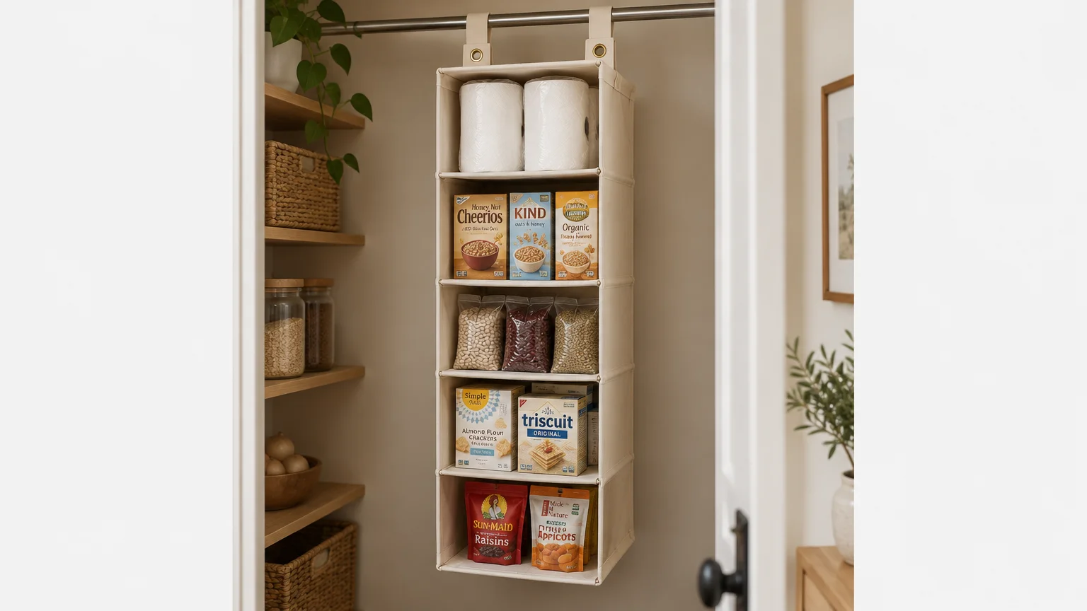 Hanging canvas organizer filled with paper towels, cereal boxes, grain bags, crackers, and snacks inside a closet pantry.