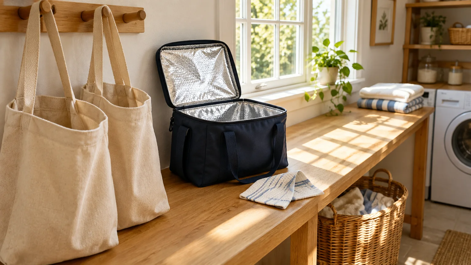 Canvas tote bags hanging on wall pegs beside an open insulated cooler bag on a wooden laundry room counter.