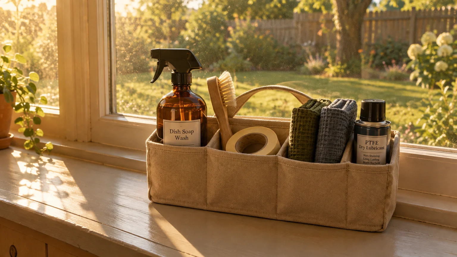 Fabric cleaning caddy on a sunny windowsill holding a spray bottle, brush, tape, waffle cloths, and dry lubricant.