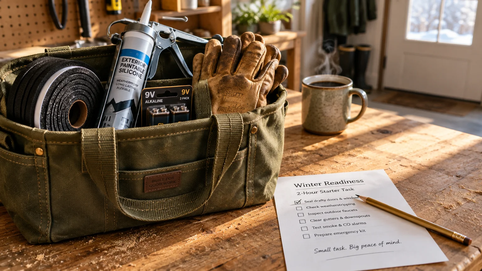 Canvas tool bag with caulk, weatherstripping, and gloves next to a coffee mug and winter checklist on a wooden table.