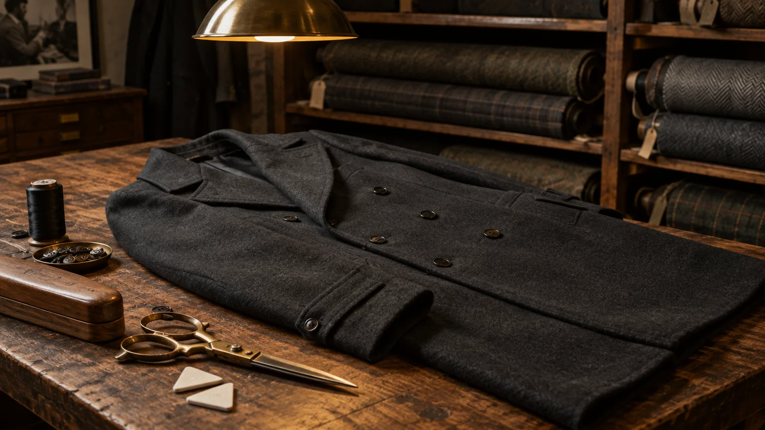 Dark gray wool coat laid flat on a wooden tailor's table beside brass shears, chalk, thread, and buttons.