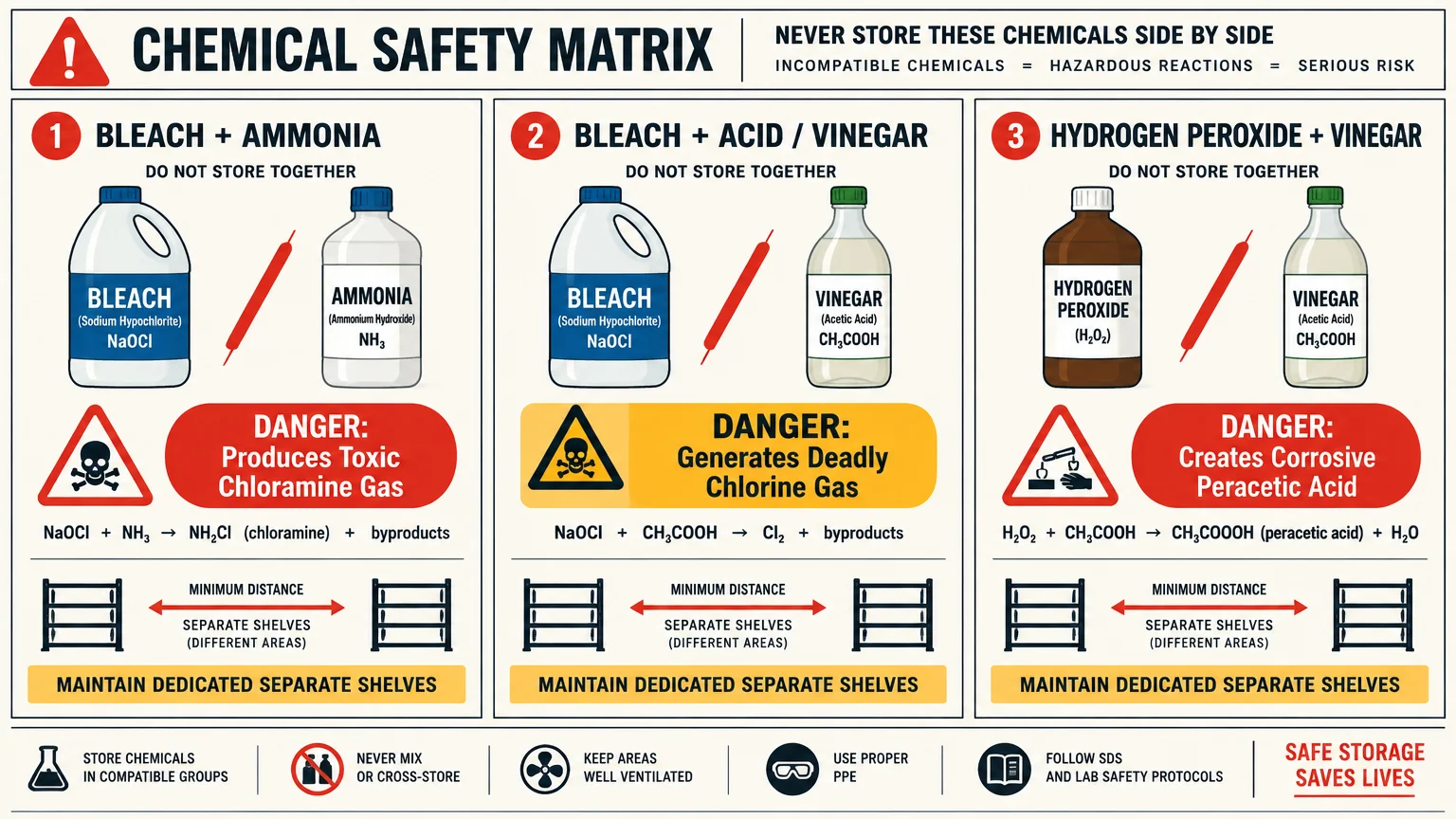 Chemical safety matrix diagram detailing hazardous pairings of bleach, ammonia, hydrogen peroxide, and vinegar.