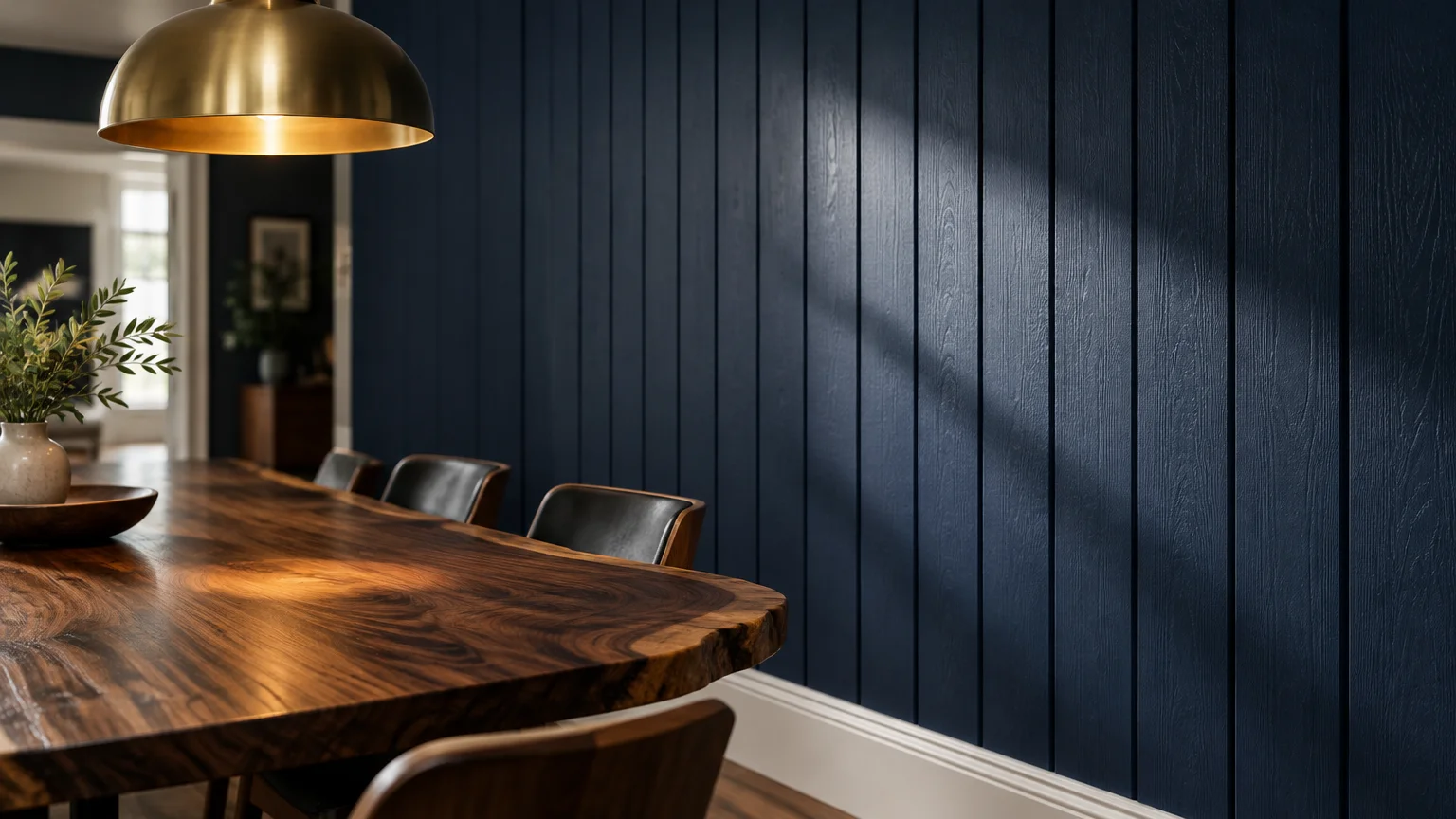 Dark navy vertical wood paneled wall beside a live-edge wooden dining table beneath a brass dome pendant lamp.