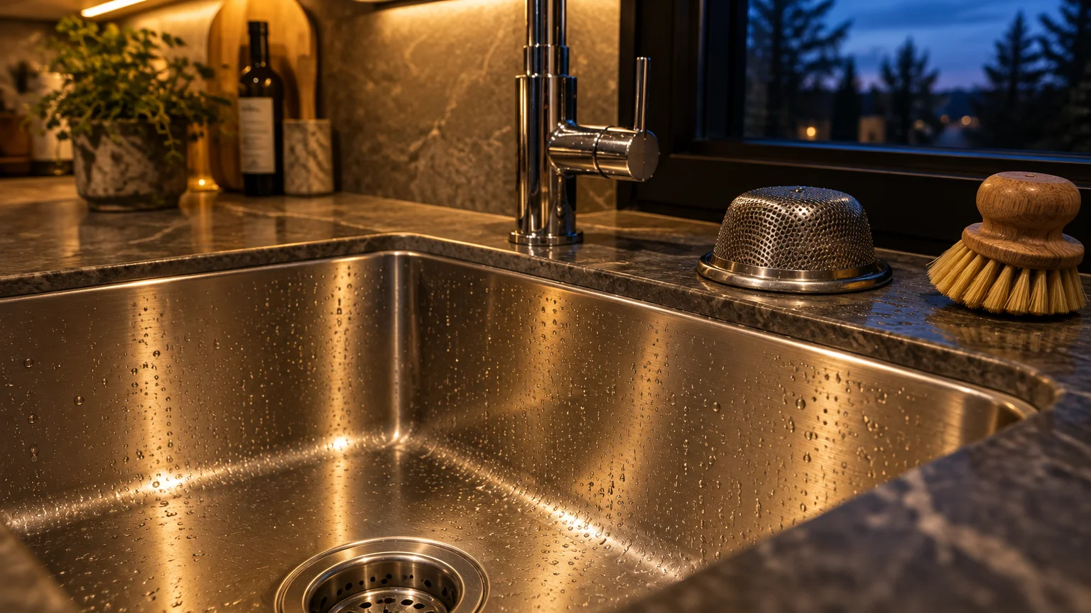 Stainless steel sink with water droplets, chrome faucet, upside-down metal strainer, and wooden scrub brush on marble counter.