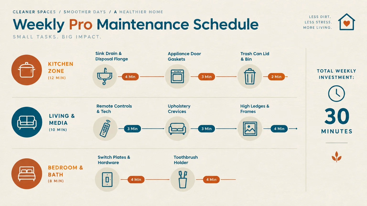 Infographic timeline dividing weekly pro maintenance tasks across kitchen, living, and bedroom zones totaling 30 minutes.
