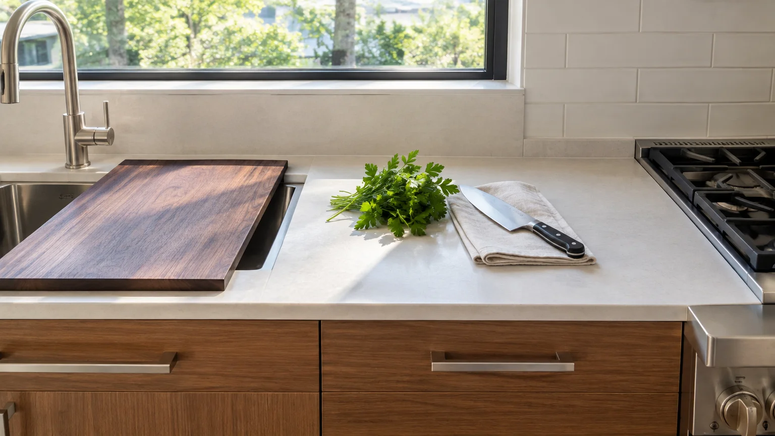 A clean kitchen counter between a sink and stovetop holding fresh parsley, a chef's knife, and a cutting board.